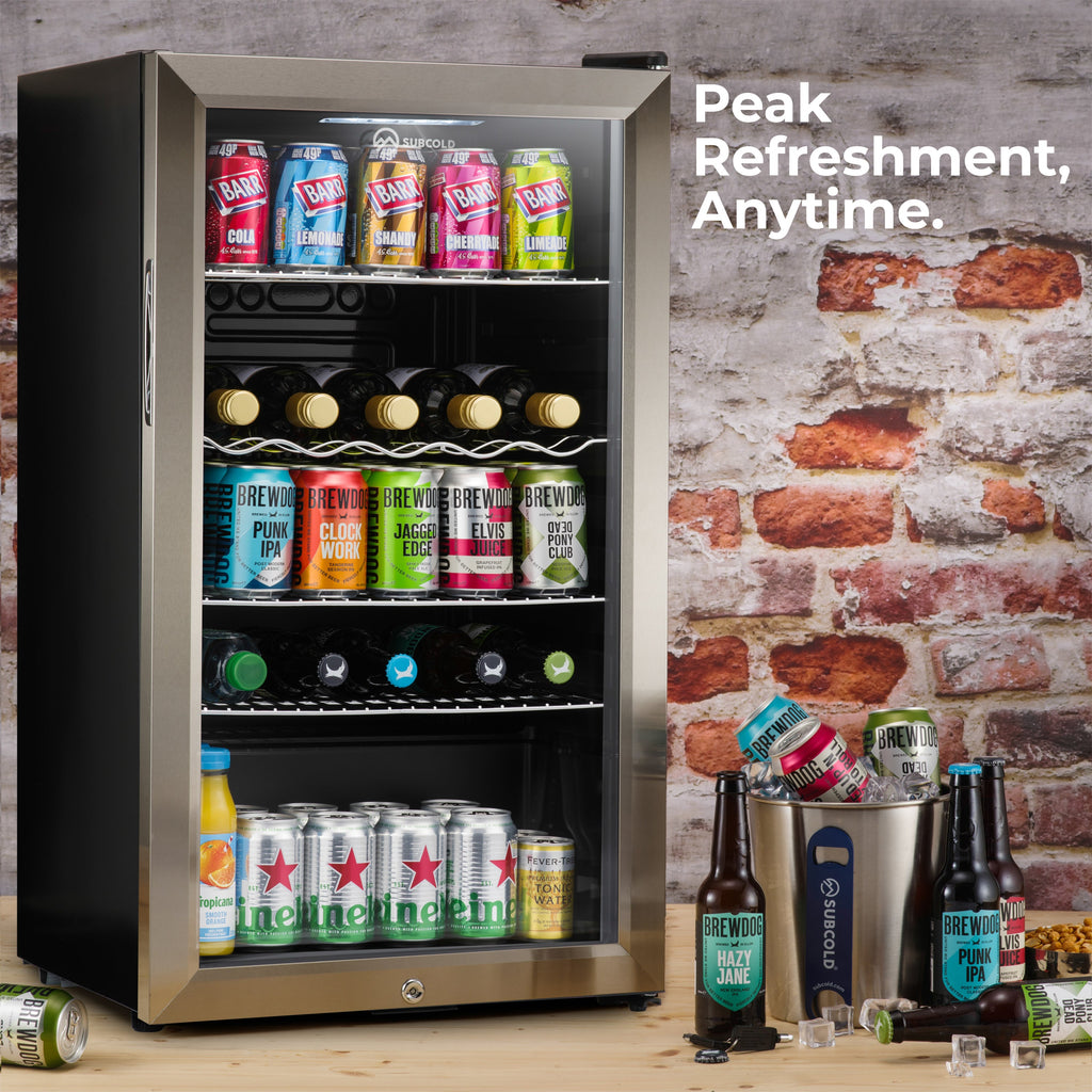 Silver beer fridge with open door, stocked shelves, and glass-front display