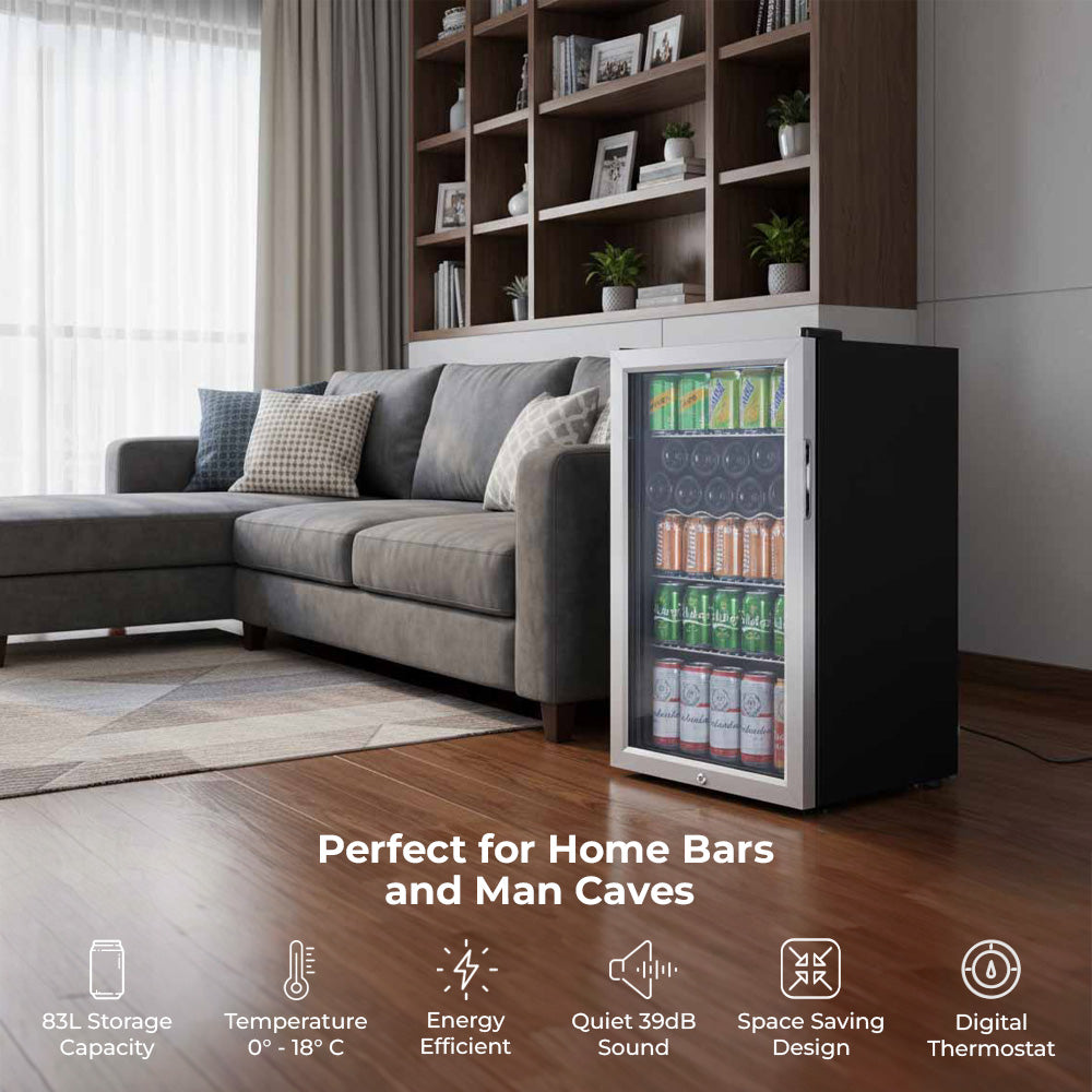 Black freestanding beer fridge with glass door, LED-lit interior for home bars