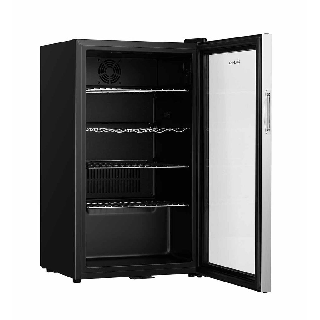 Black LED beer fridge with clear glass door open and interior shelves