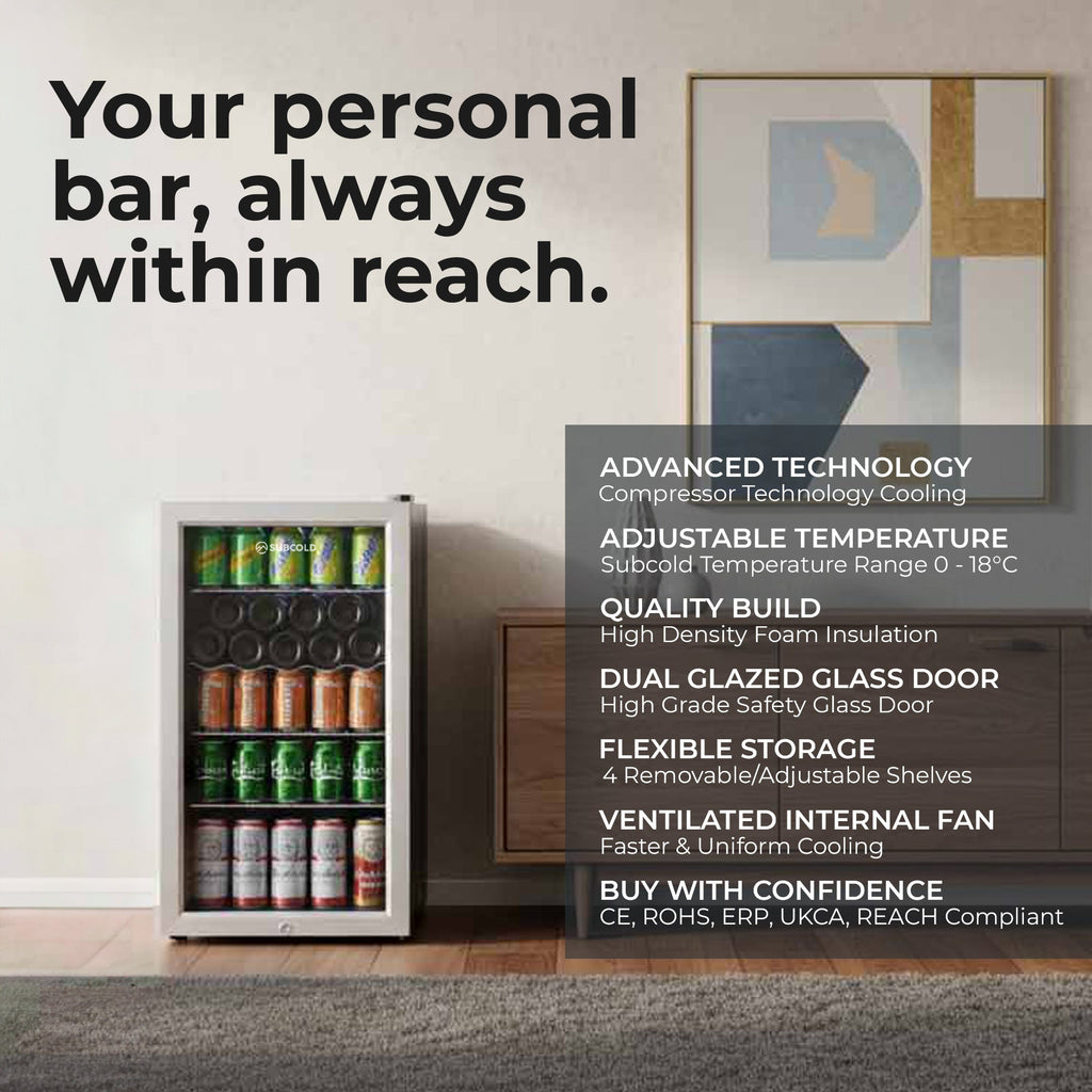 Compact silver LED beer fridge with glass door open, showing drink cans