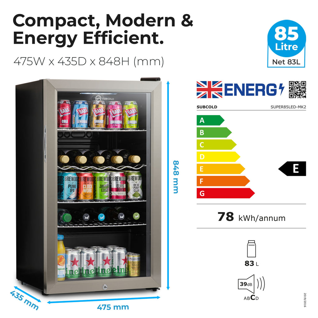 Stainless steel energy-efficient LED beer fridge with glass door and shelves