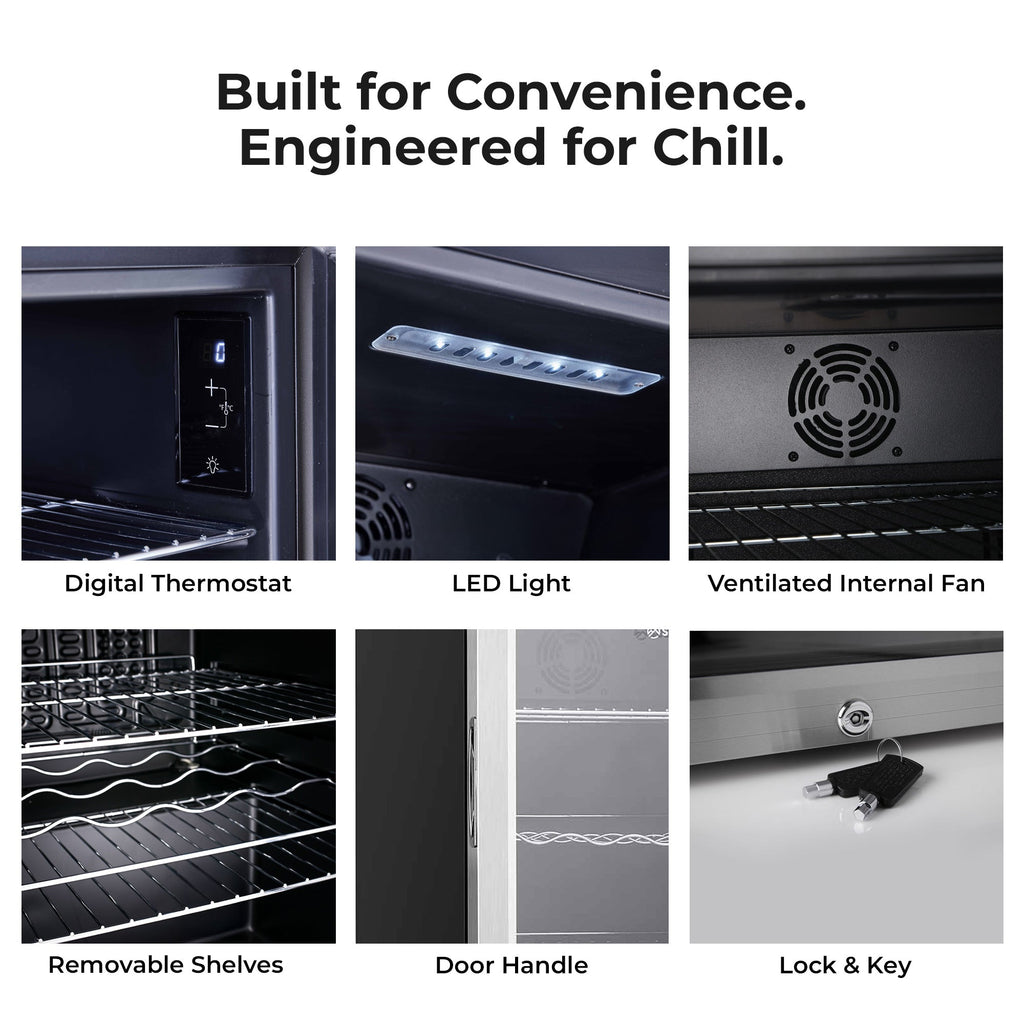 LED beer fridge features collage: digital thermostat, interior light, fan
