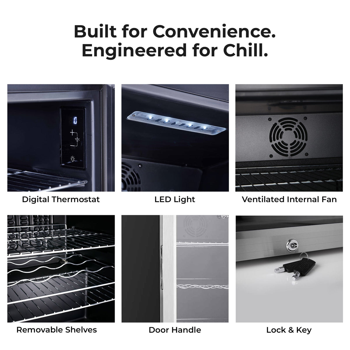 LED beer fridge features collage: digital thermostat, interior light, fan