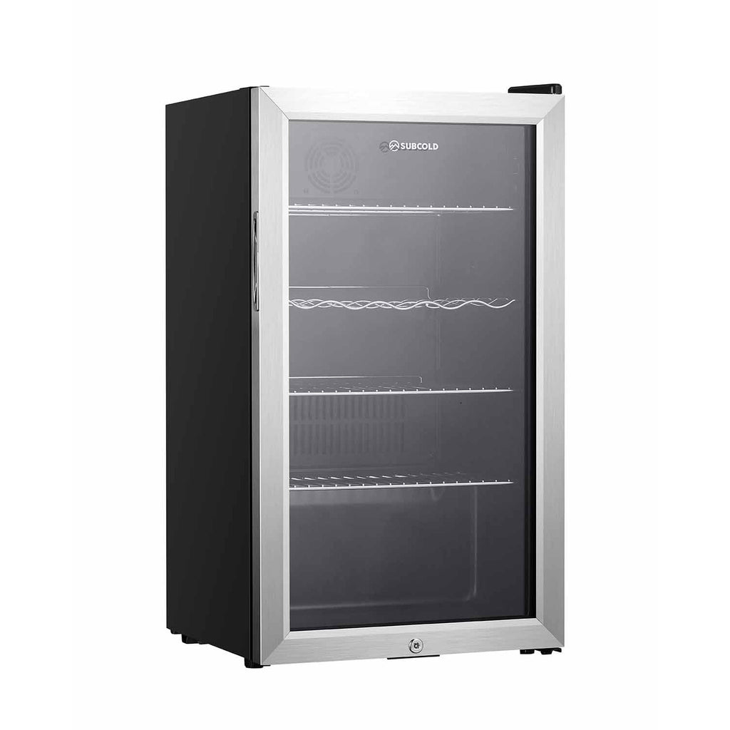 Silver LED beer fridge with glass door closed and black cabinet sides