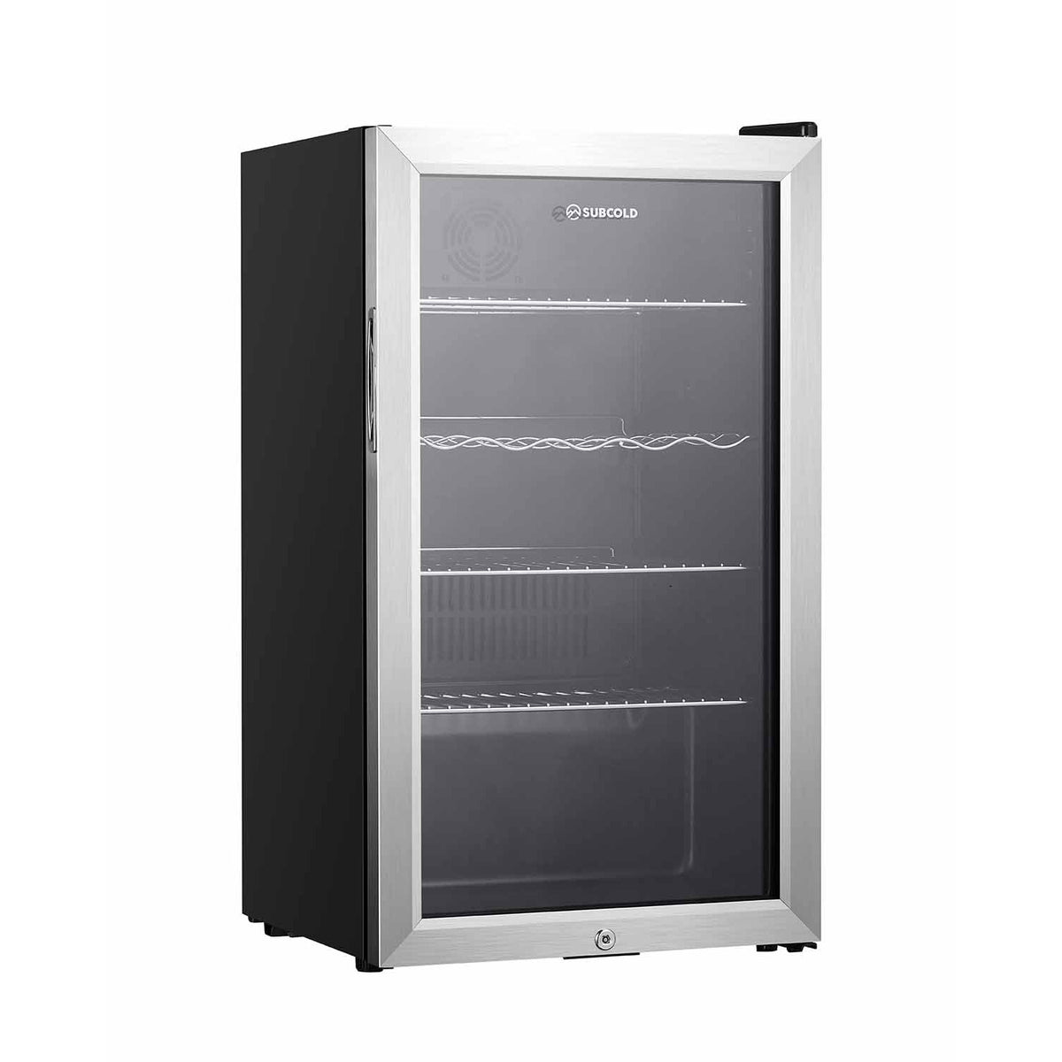 Silver LED beer fridge with glass door closed and black cabinet sides