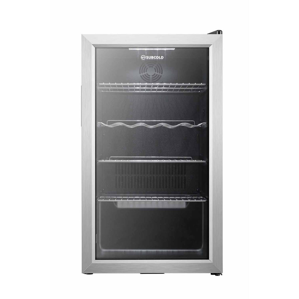 Stainless steel LED beer fridge with glass door open and lit interior shelves