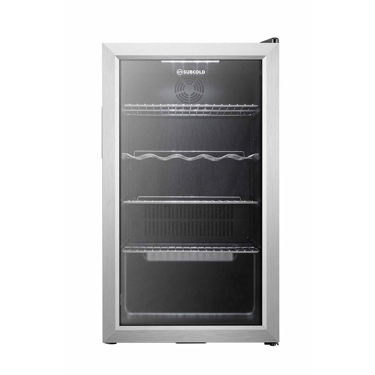 Stainless steel LED beer fridge with glass door open and lit interior shelves