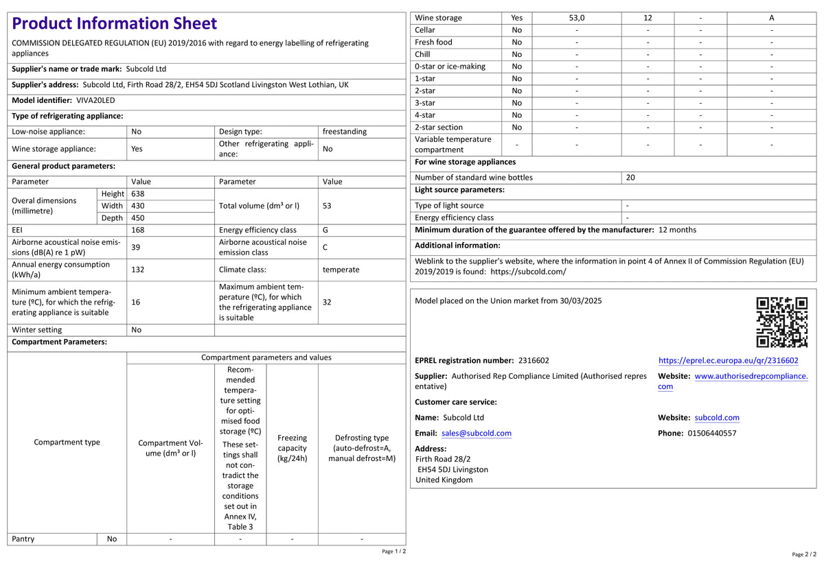 Product information sheet with spec table for LED wine cooler