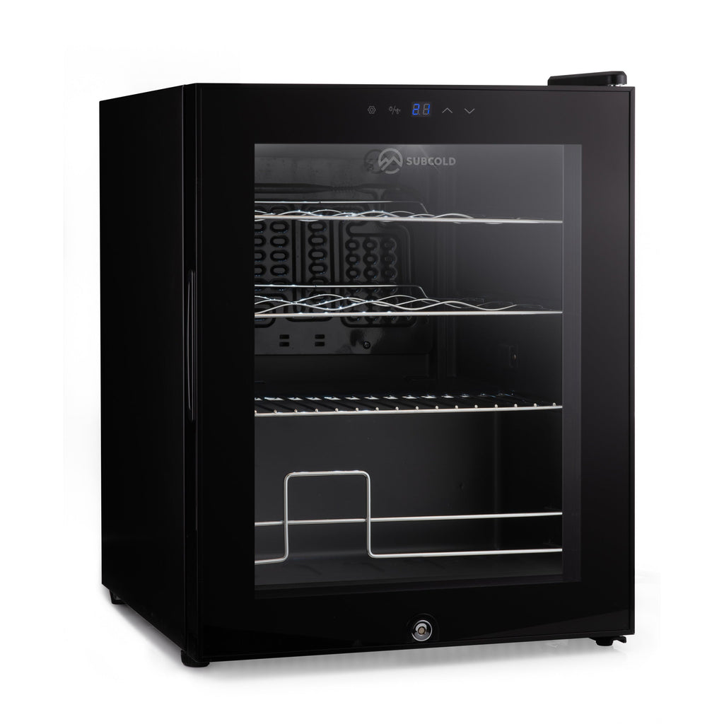 Black wine cooler with glass door showing empty wire shelves and warm LED lighting