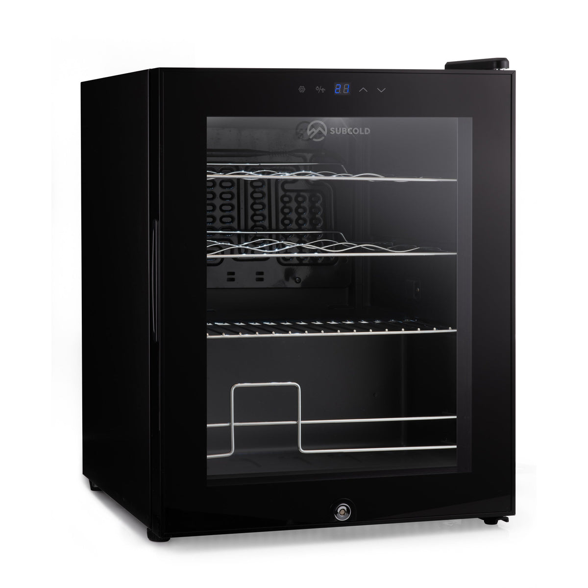 Black wine cooler with glass door showing empty wire shelves and warm LED lighting