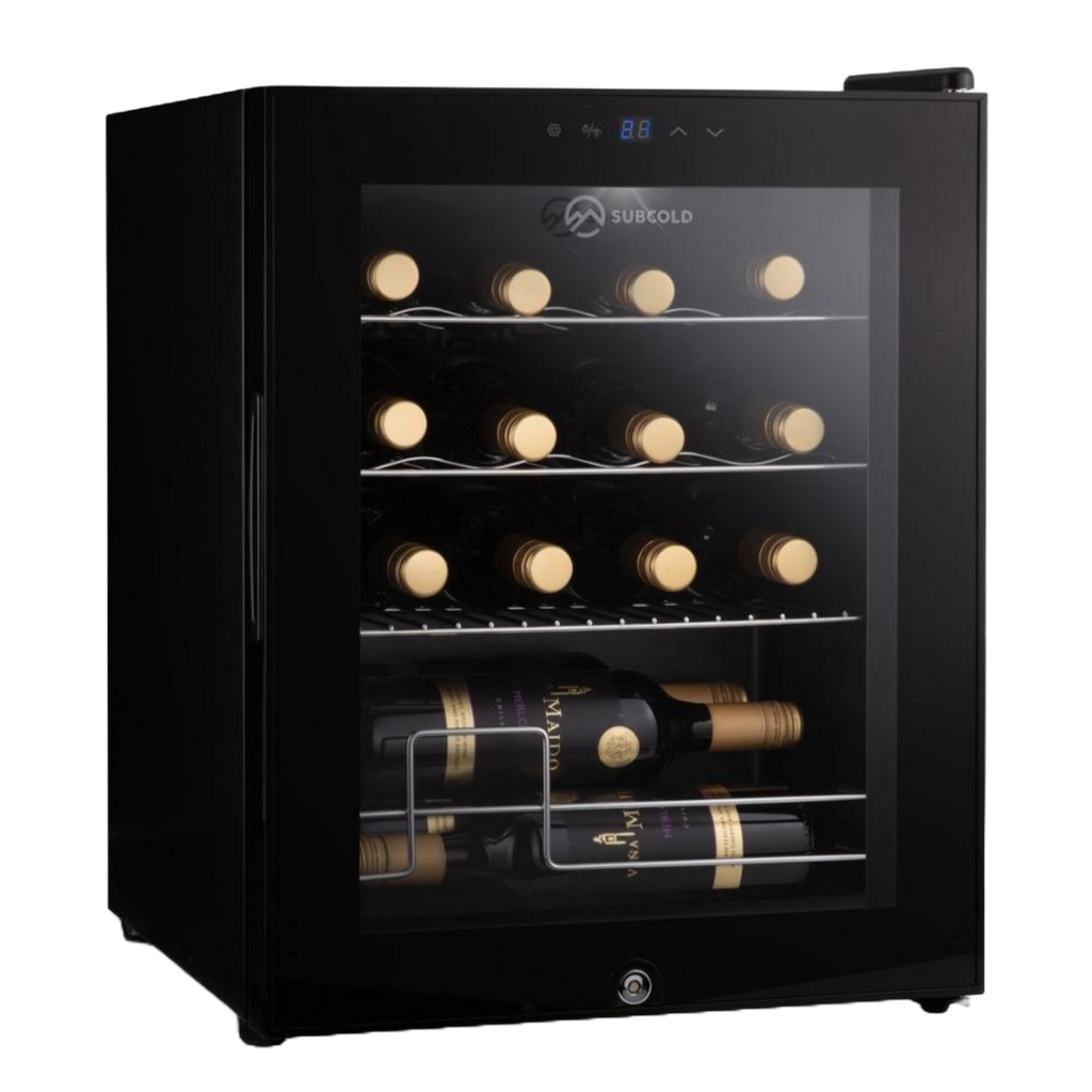 Black undercounter wine cooler with glass door and warm interior LED lights