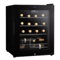 Black undercounter wine cooler with glass door and warm interior LED lights