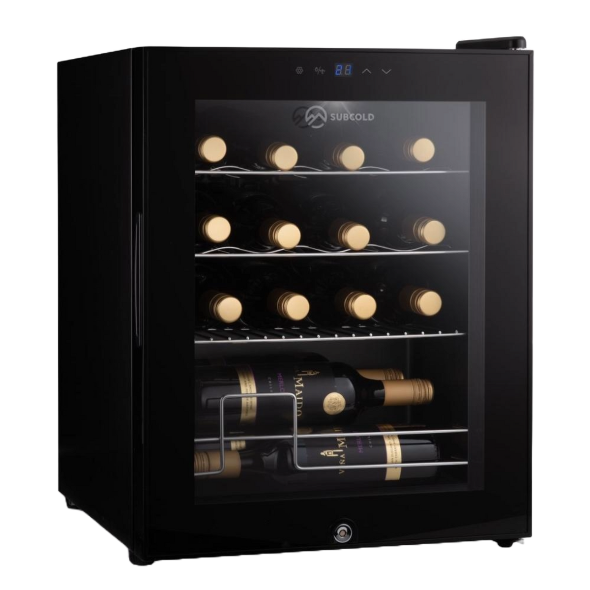 Black undercounter wine cooler with glass door and warm interior LED lights