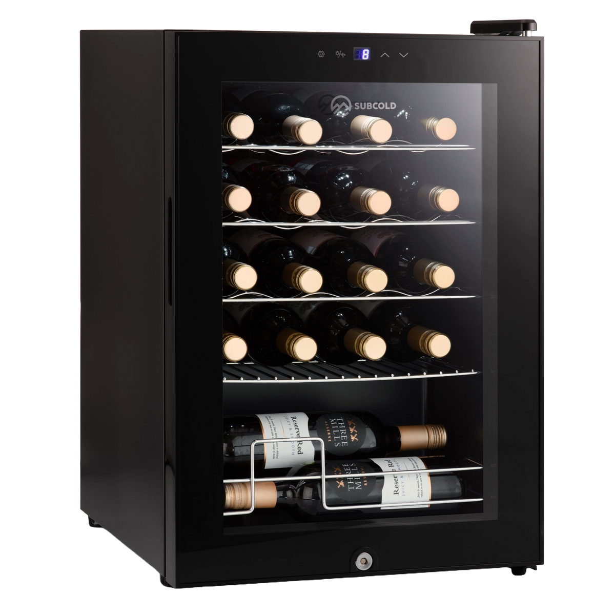 Black LED wine cooler with glass door and adjustable wire racks