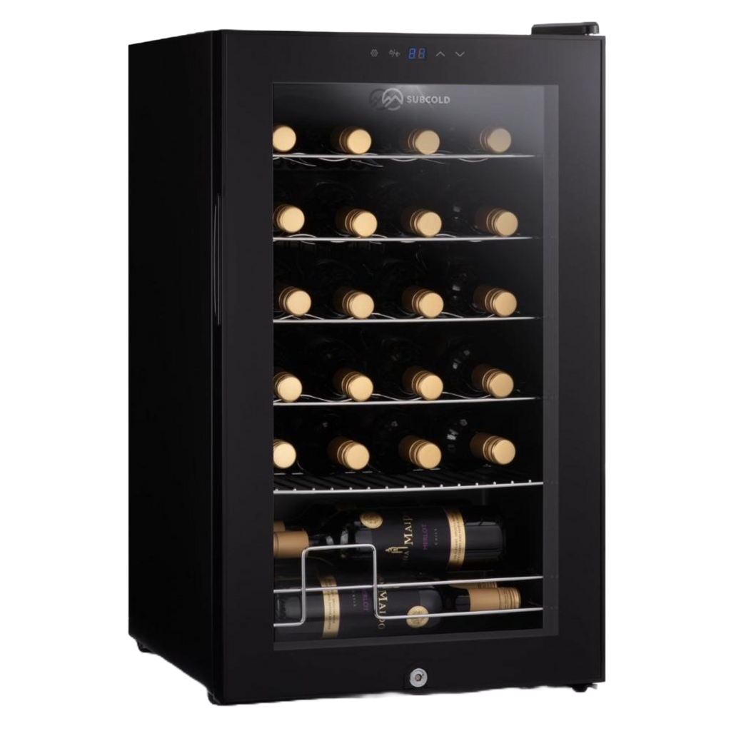 Black LED wine cooler with glass door and lit bottle rows