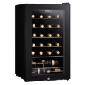 Black LED wine cooler with glass door and lit bottle rows