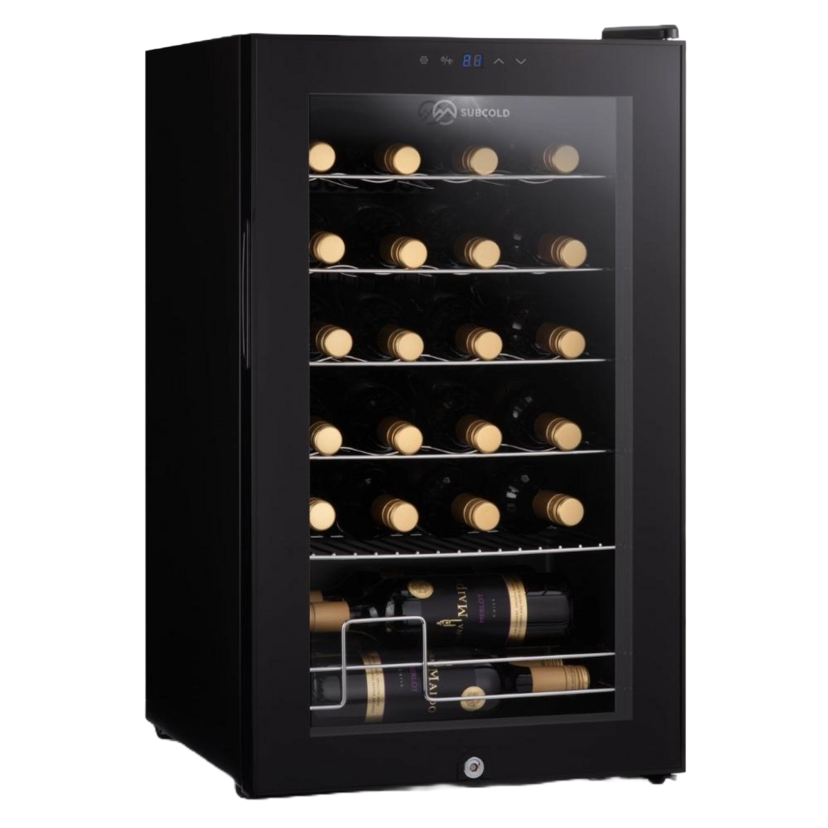 Black LED wine cooler with glass door and lit bottle rows