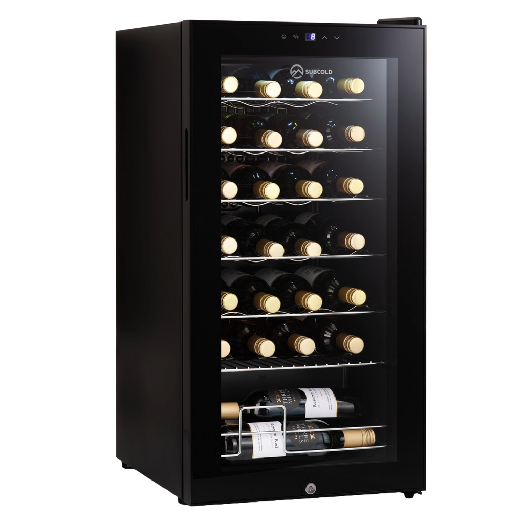 Black freestanding LED wine cooler with glass door and illuminated bottle racks