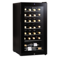 Black freestanding LED wine cooler with glass door and illuminated bottle racks