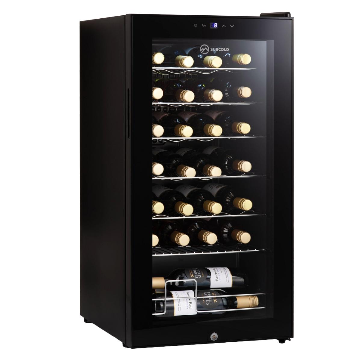 Black freestanding LED wine cooler with glass door and illuminated bottle racks