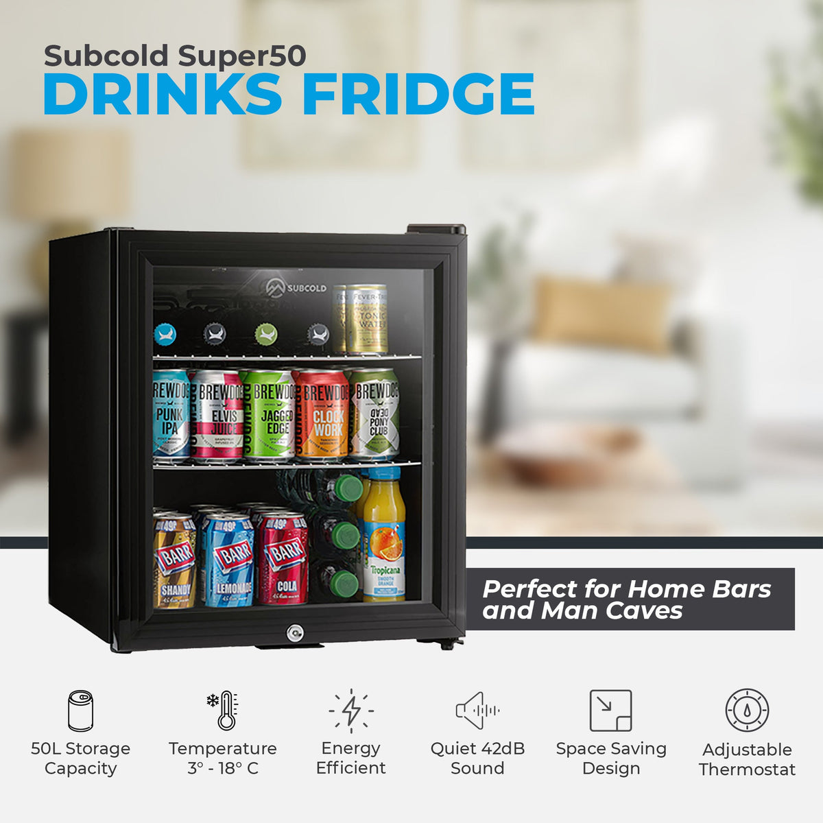 Subcold Super50 LED beer fridge, black compact cabinet with glass door showing assorted drinks