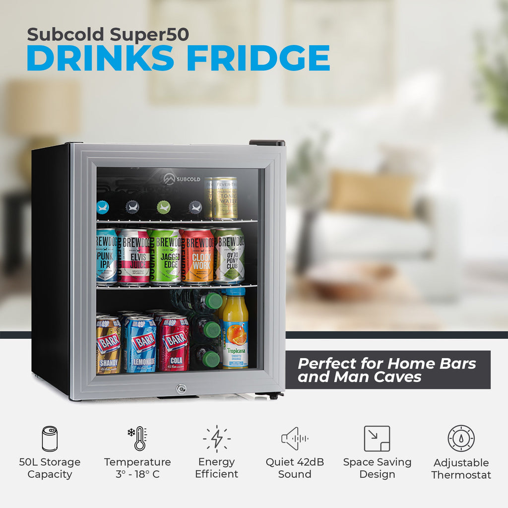 Stainless steel drinks fridge with glass door, LED lights, and feature icons