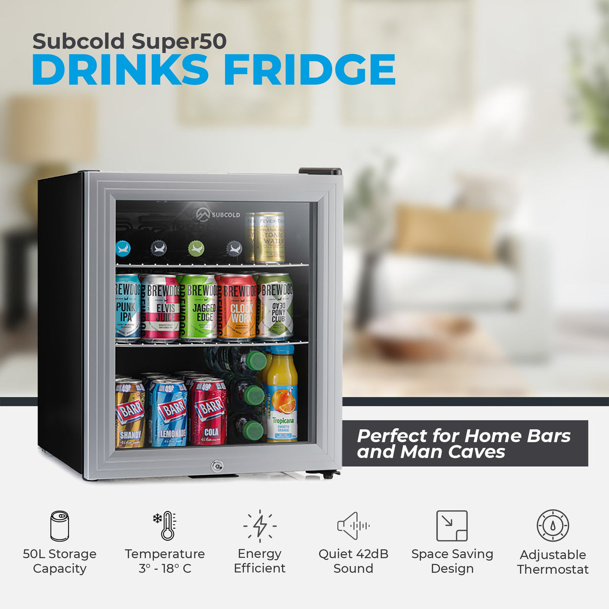 Stainless steel drinks fridge with glass door, LED lights, and feature icons