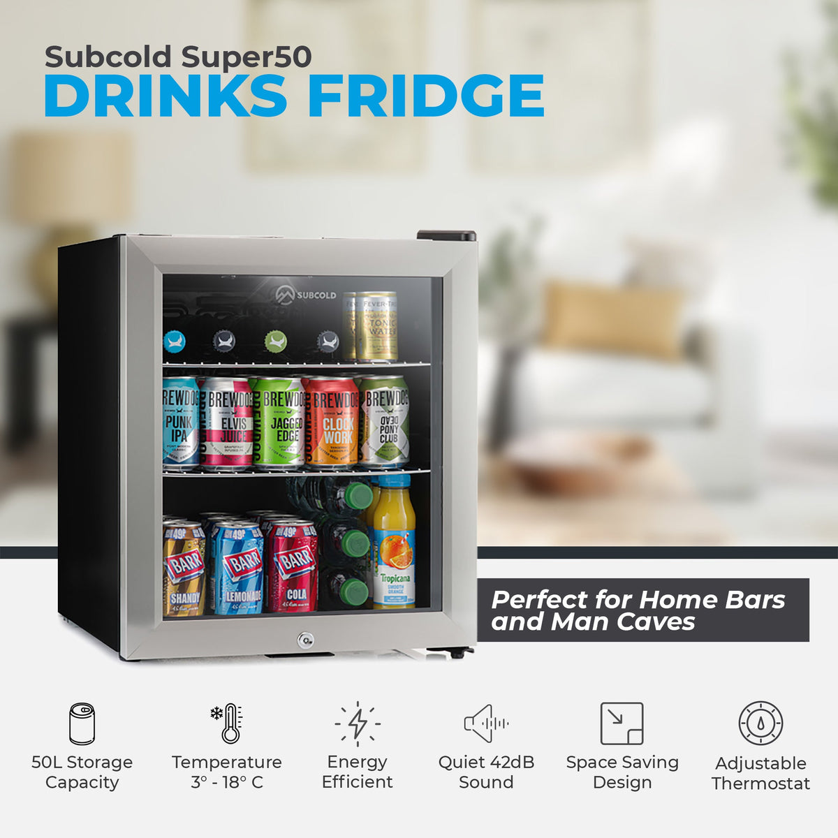 LED beer fridge on a countertop, open interior with drinks and LED light