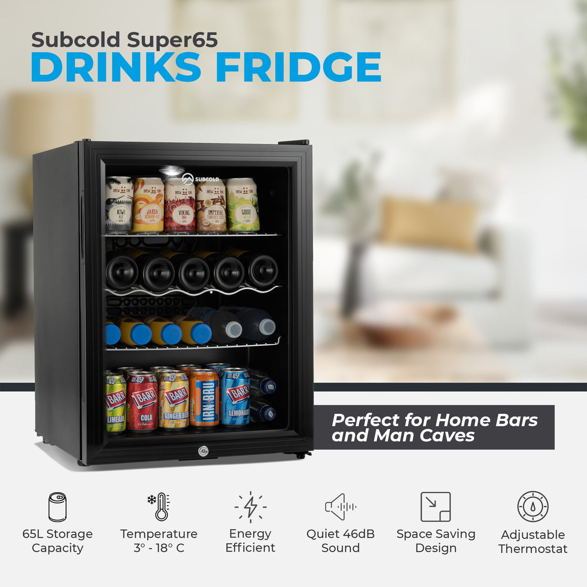 Black drinks fridge with glass door and LED light, stocked with cans and bottles