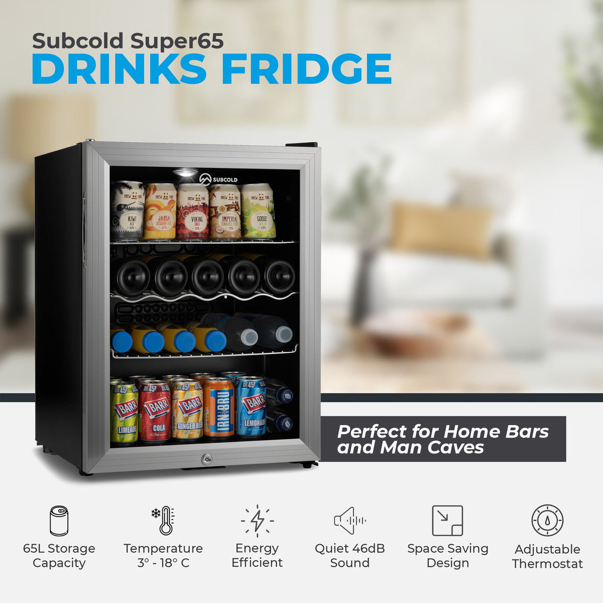 Silver Super65 drinks fridge with bottles and can storage, door open