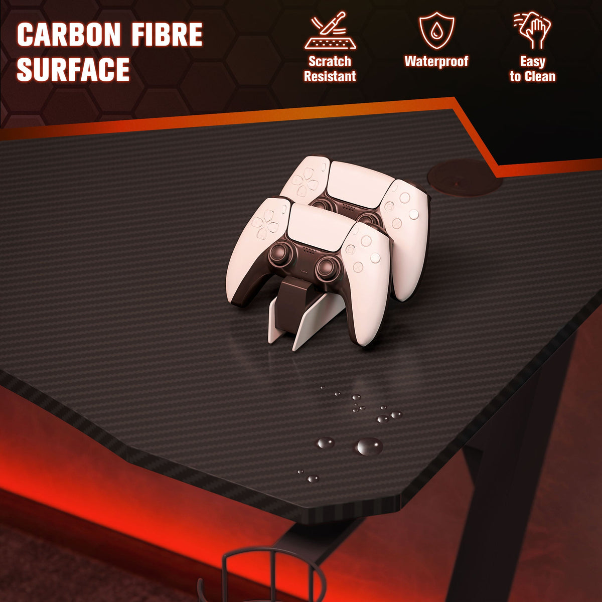 Black gaming desk with carbon fiber-look surface, scratch resistant and waterproof protection