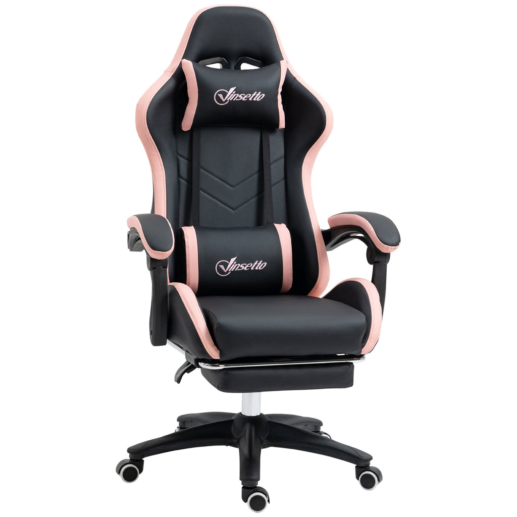 Black gaming chair with pink trim, headrest, armrests, and reclining footrest on swivel base