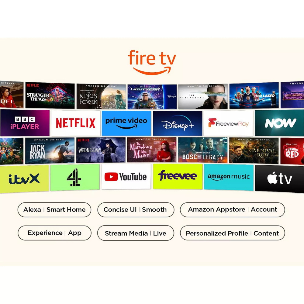 Fire TV home screen on LED TV with streaming app icons and profiles