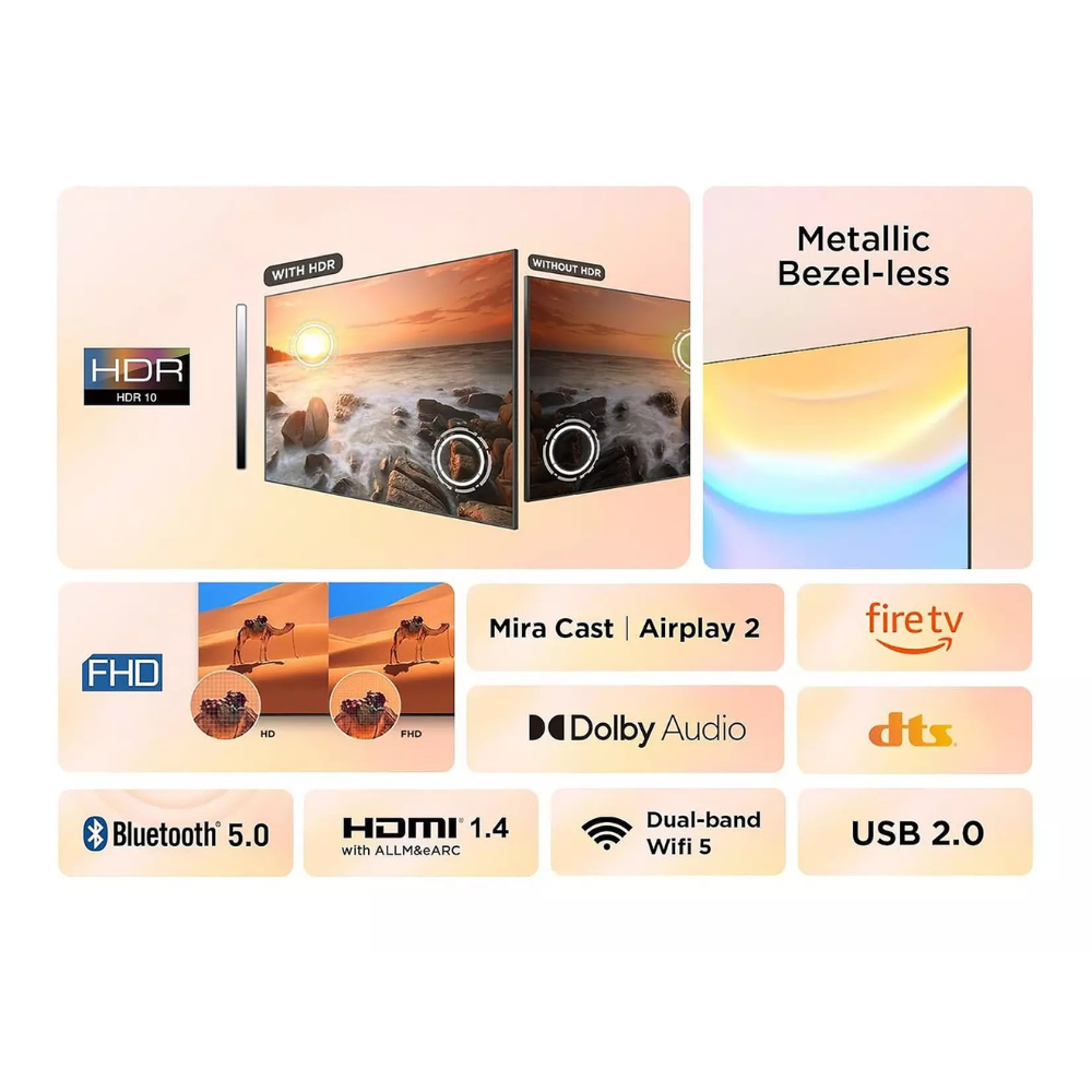 Bezel-less LED TV with FHD, HDR, Dolby Audio, Bluetooth 5.0, and USB 2.0