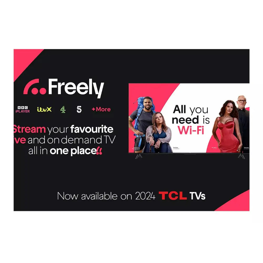 TCL smart TV screen showing Freely streaming menu and Wi-Fi information