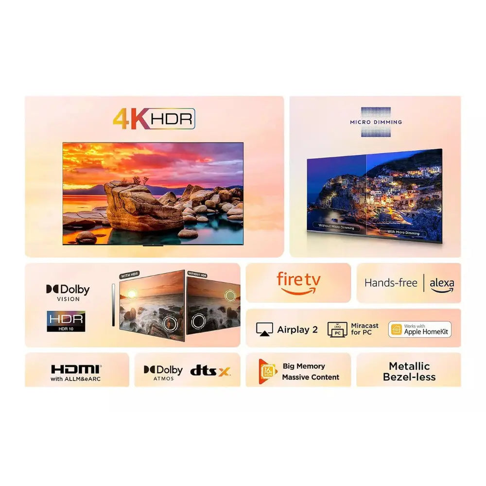 TCL 55-inch TV screen with 4K HDR, Dolby, Fire TV, and audio format icons