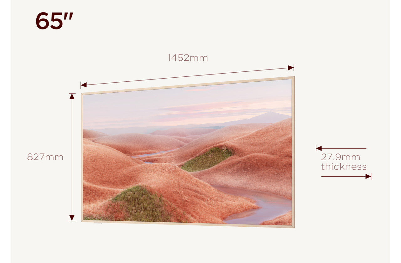 65-inch QLED 4K smart TV, slim frame size diagram