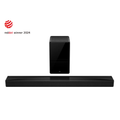 Black TCL soundbar with upright subwoofer, single-piece home audio setup.