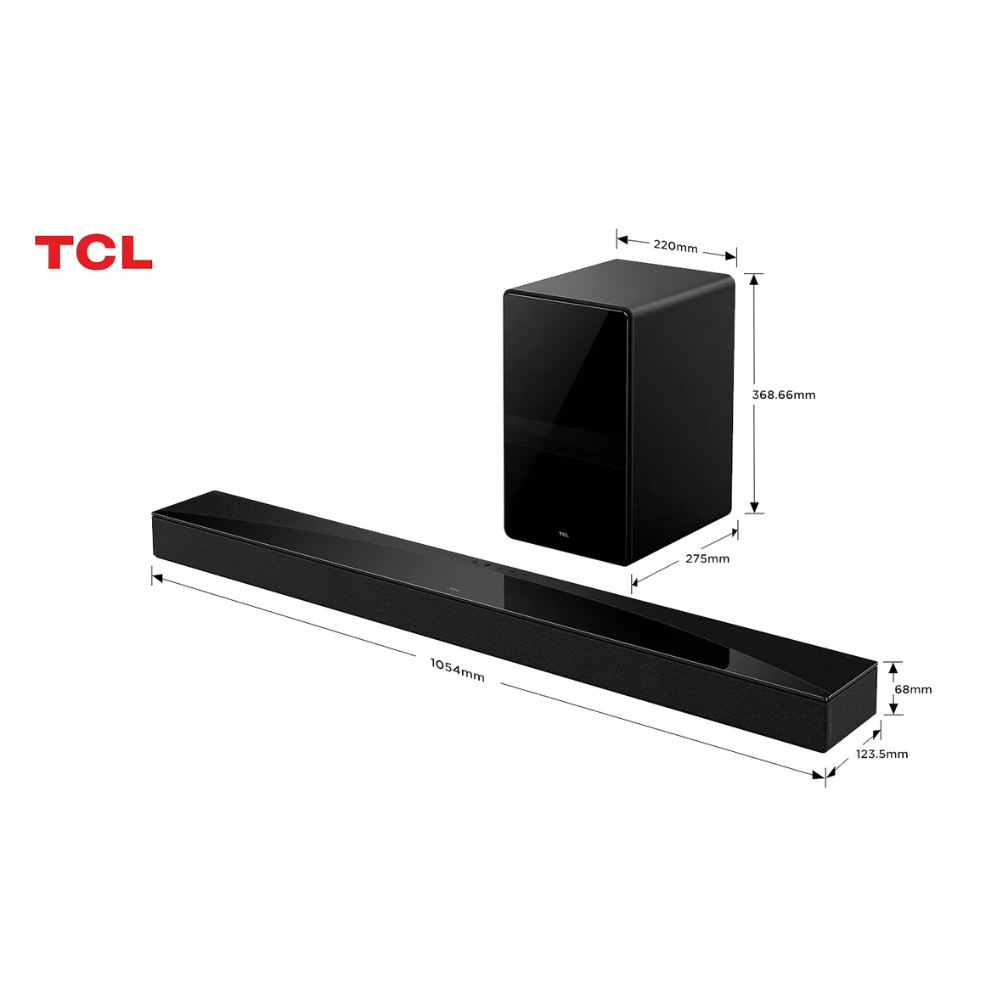 Black soundbar and upright subwoofer with size dimensions, home theater speaker.