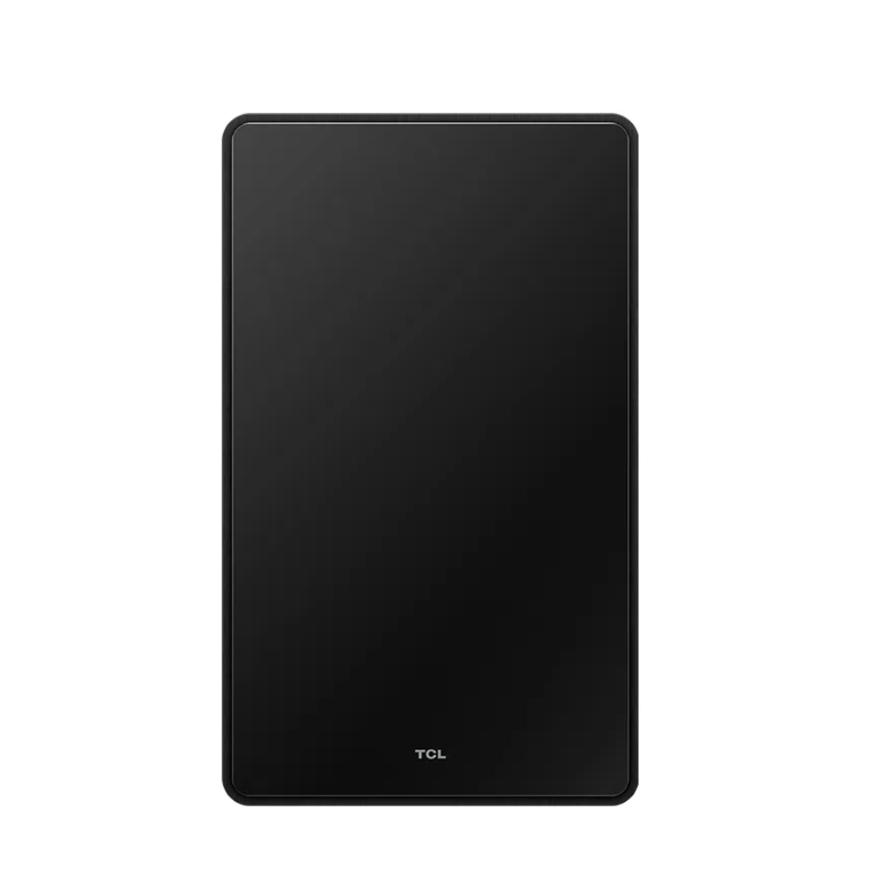 Black upright subwoofer speaker with TCL logo on the front.