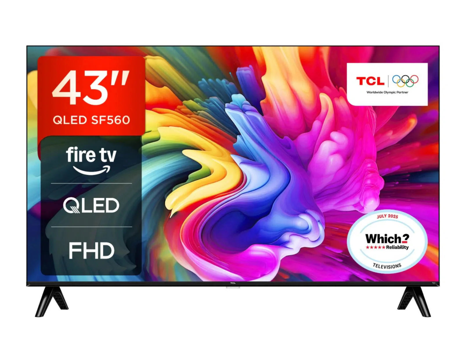 43-inch QLED smart TV showing QLED and FHD screen content on dual feet stand