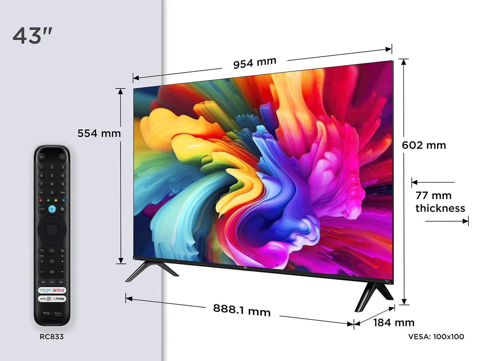 43-inch TV front view with remote, slim bezel, and size measurement diagram
