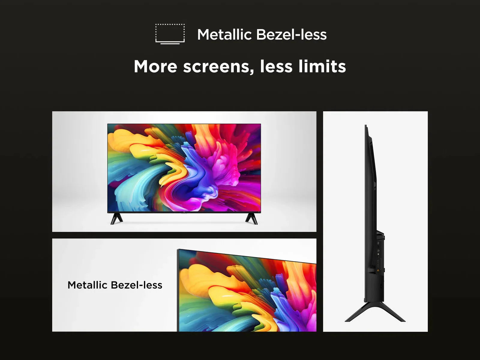 Slim black TV with metallic bezel-less design, front and side profile views