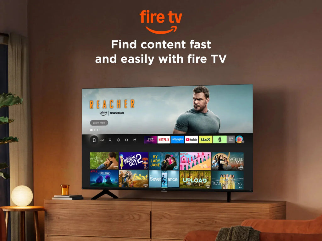 Black TV on a wooden console displaying Fire TV home screen