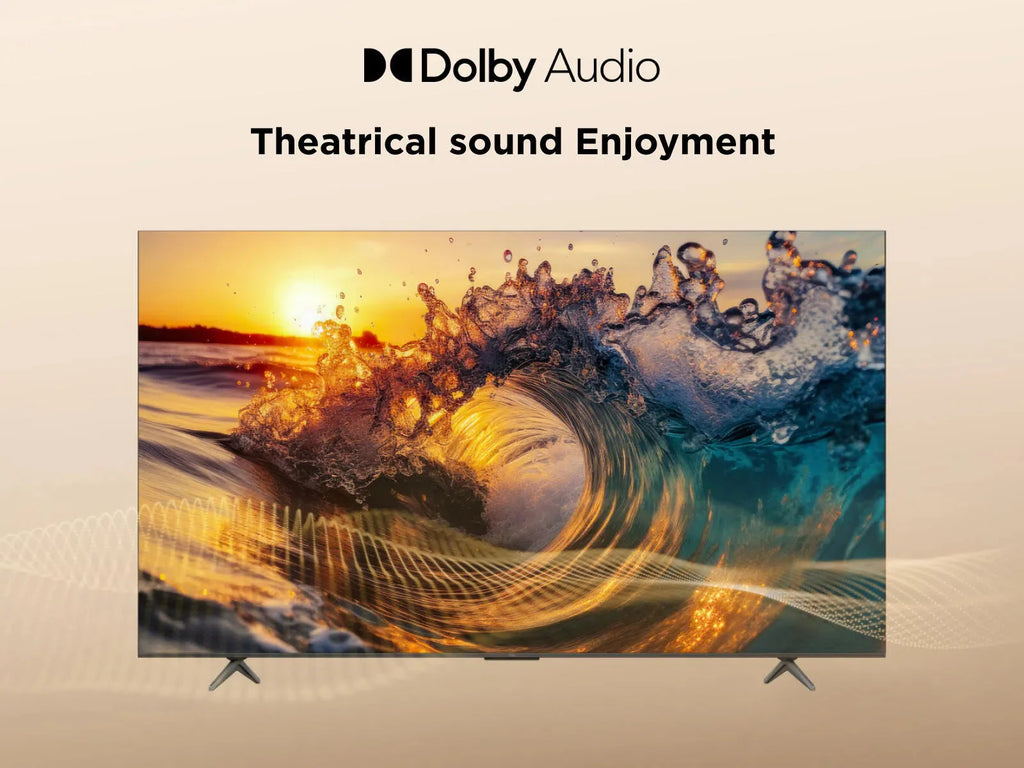 Black TV with Dolby Audio branding and colorful wave scene on display