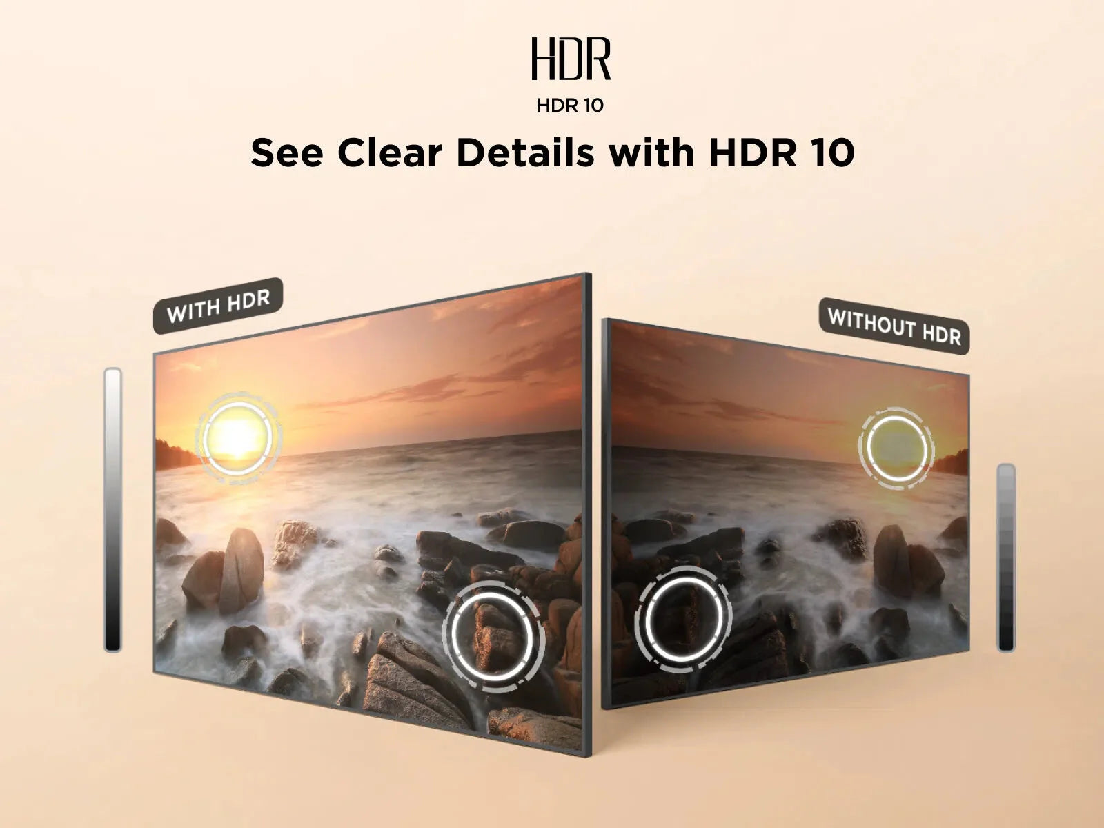 Black TV showing HDR 10 comparison split-screen and side panel thickness markers