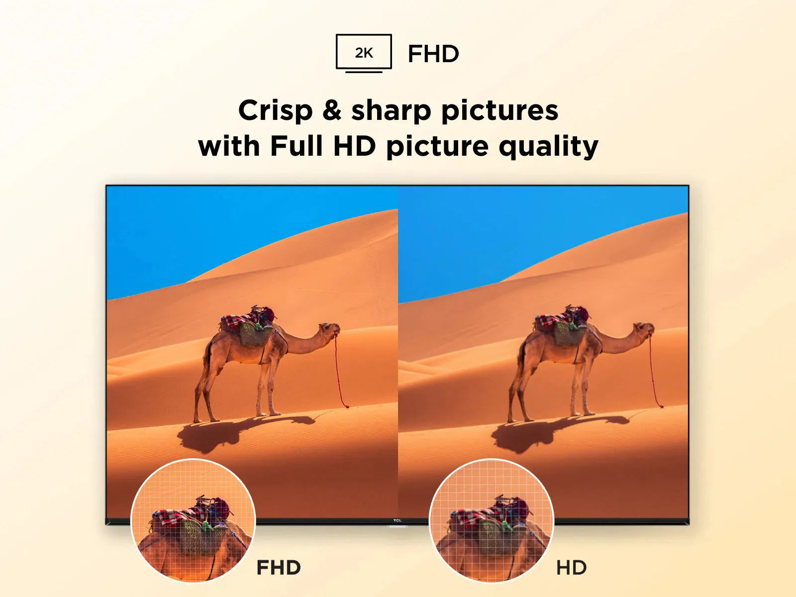 Black TV displaying FHD versus HD picture clarity with desert camel scene