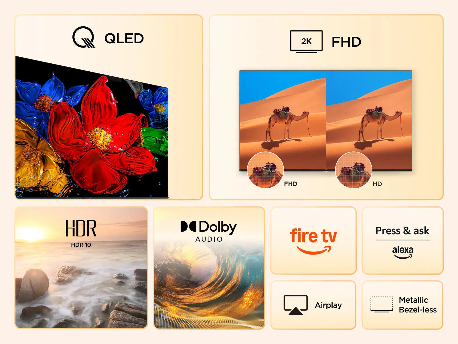 QLED smart TV front with QLED logo and Fire TV feature icons, FHD display