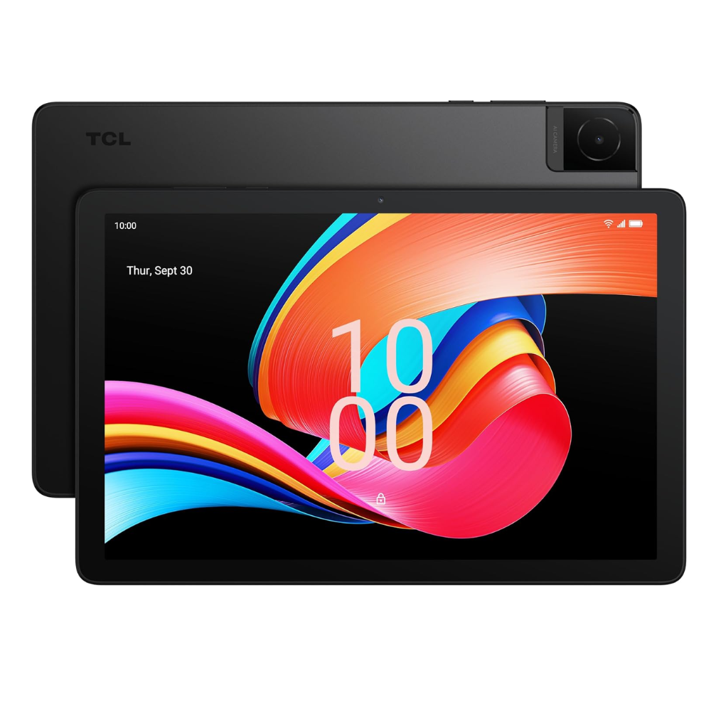 TCL space black tablet front with matching back view and rear camera