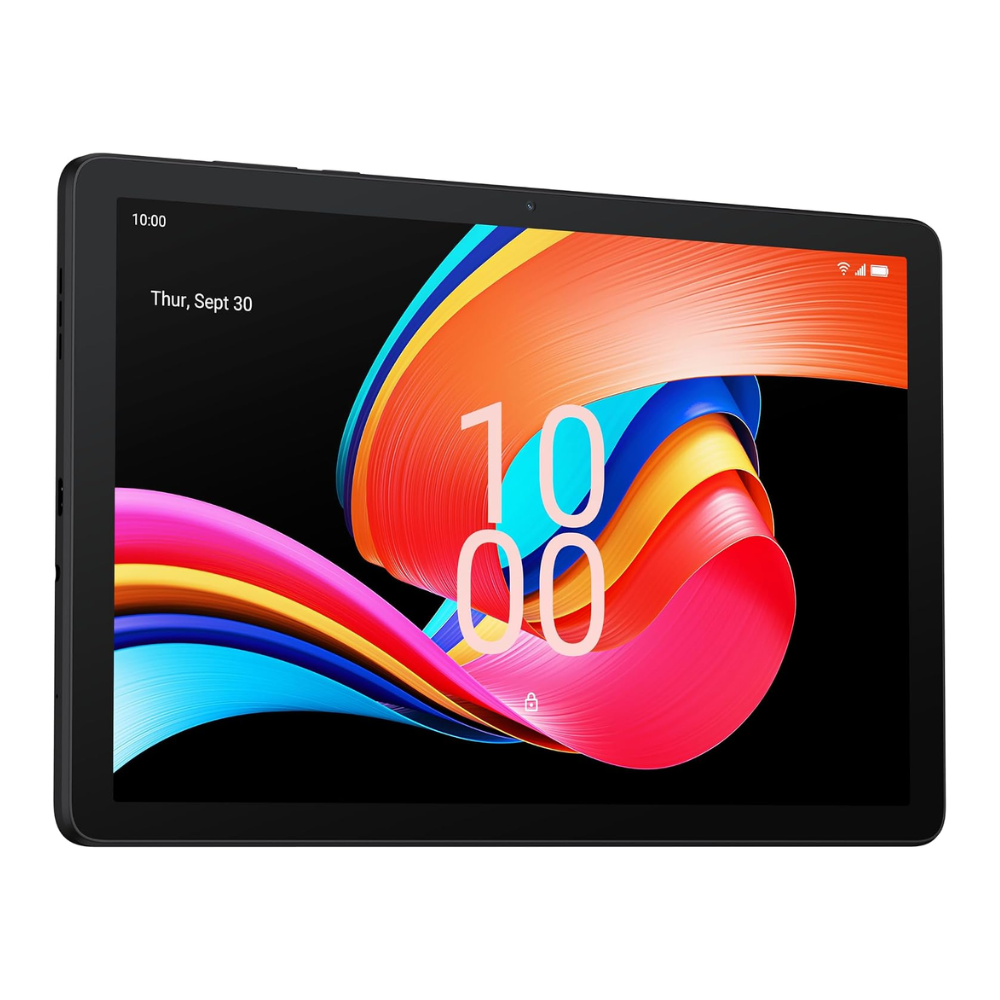 TCL space black tablet with colorful abstract wallpaper on front screen